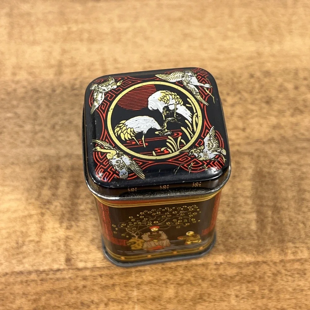 VTG Tin Box Storage Red Black Chinese Tea Herbs Medicine Spices Hong Kong 2.5